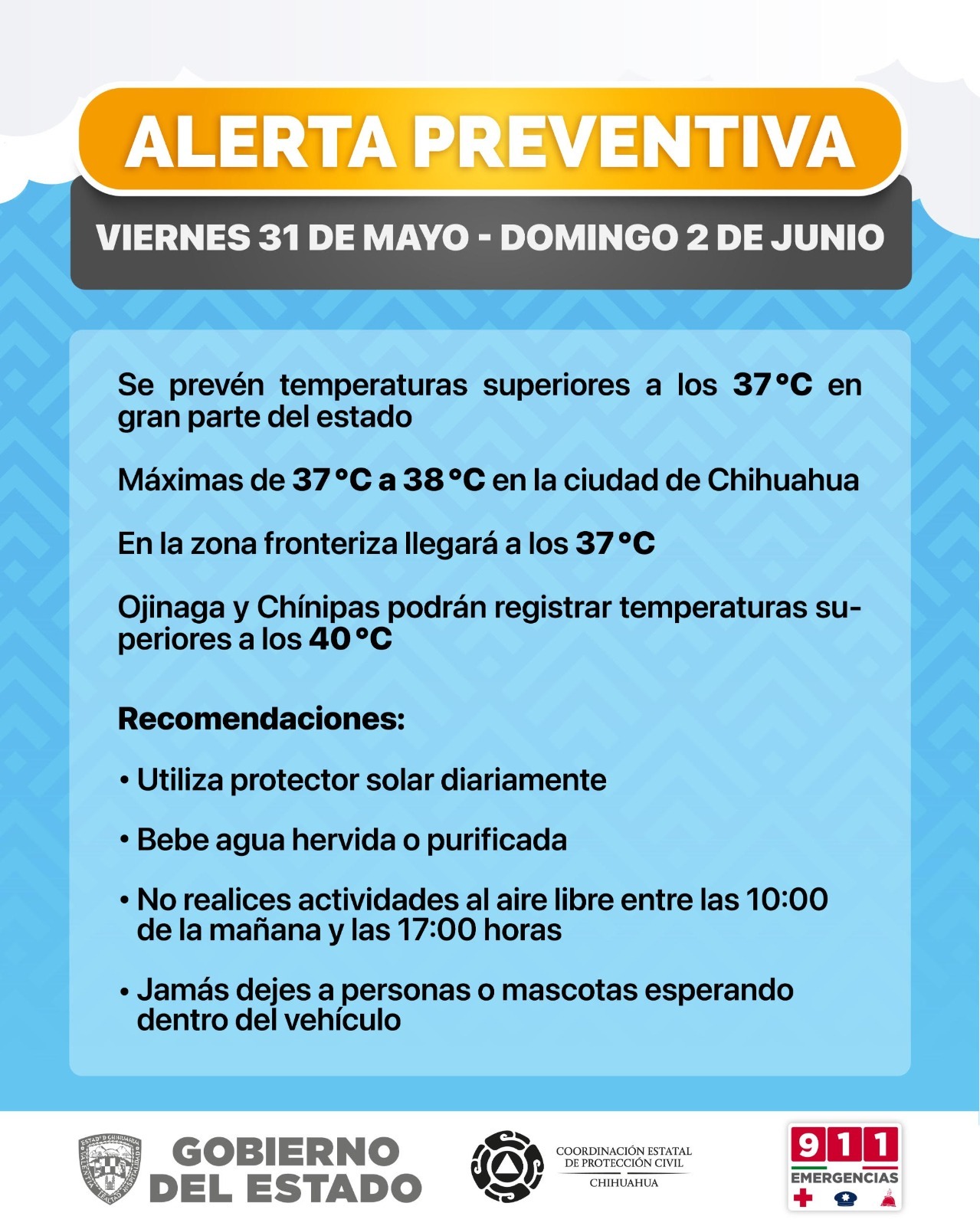 Mantiene Protección Civil alerta ante pronóstico de altas temperaturas en el estado para este fin de semana.