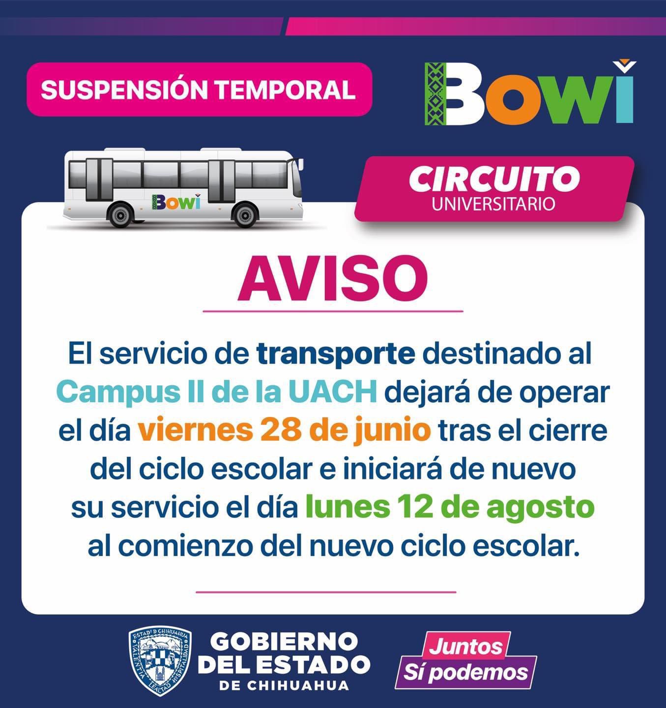 Suspenden temporalmente la ruta UACH del BOWI por periodo vacacional.