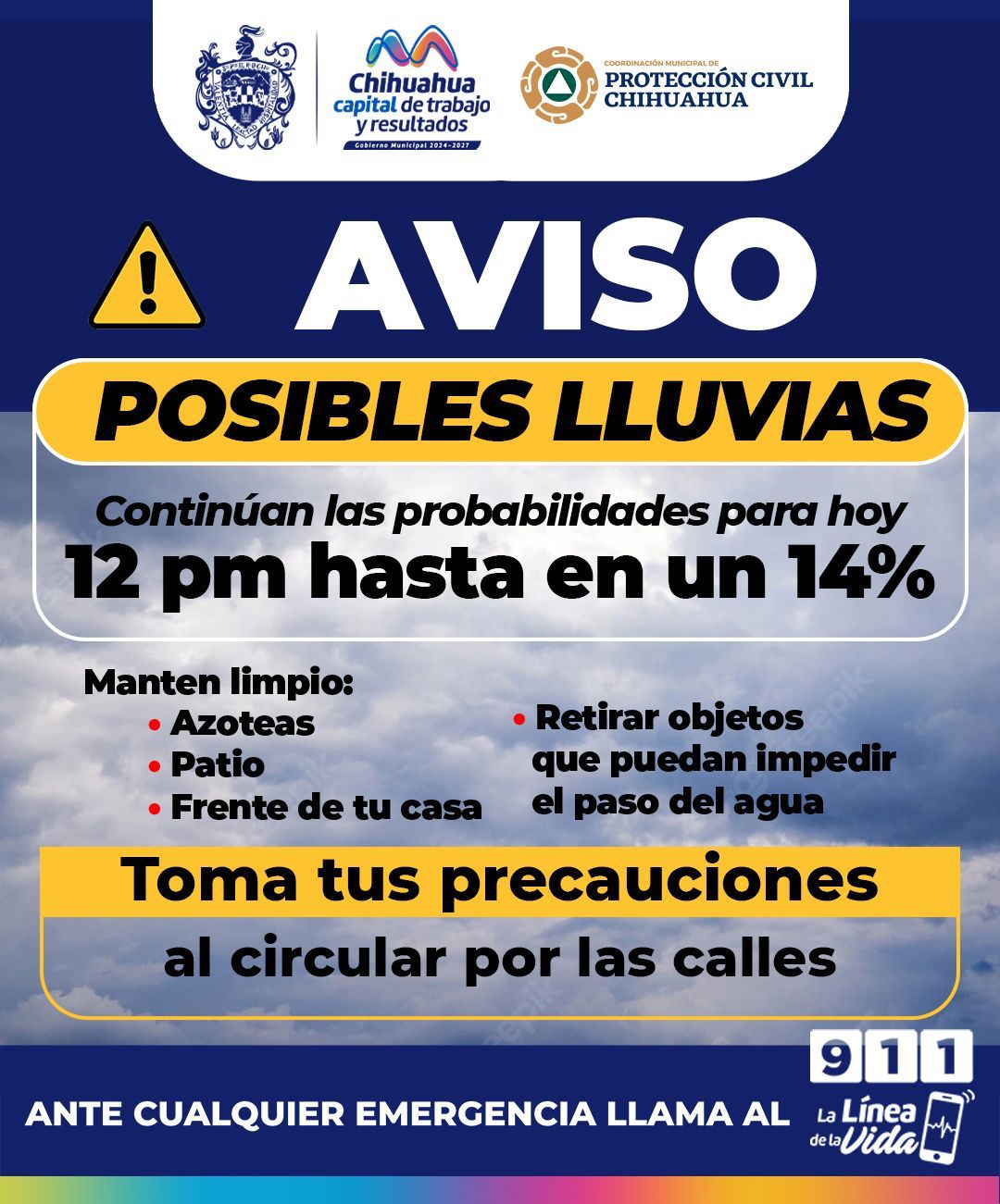 Continuarán lluvias en la Capital el día de hoy: Coordinación Municipal de Protección Civil.
